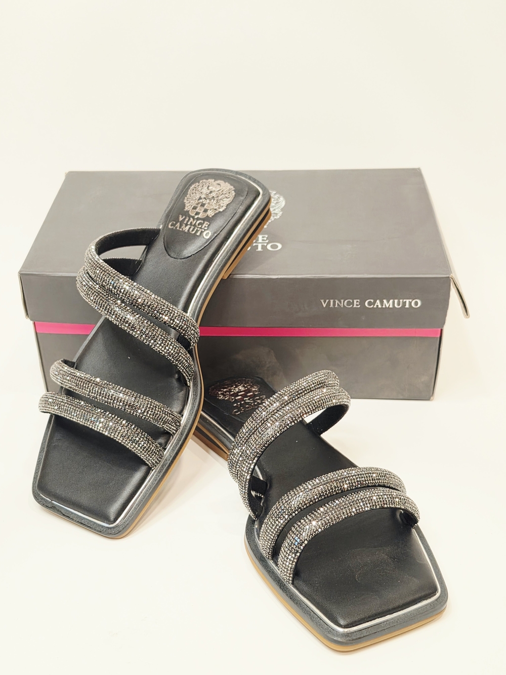 Vince Camuto Peomi Black Crystal-Strap Slide Sandals
